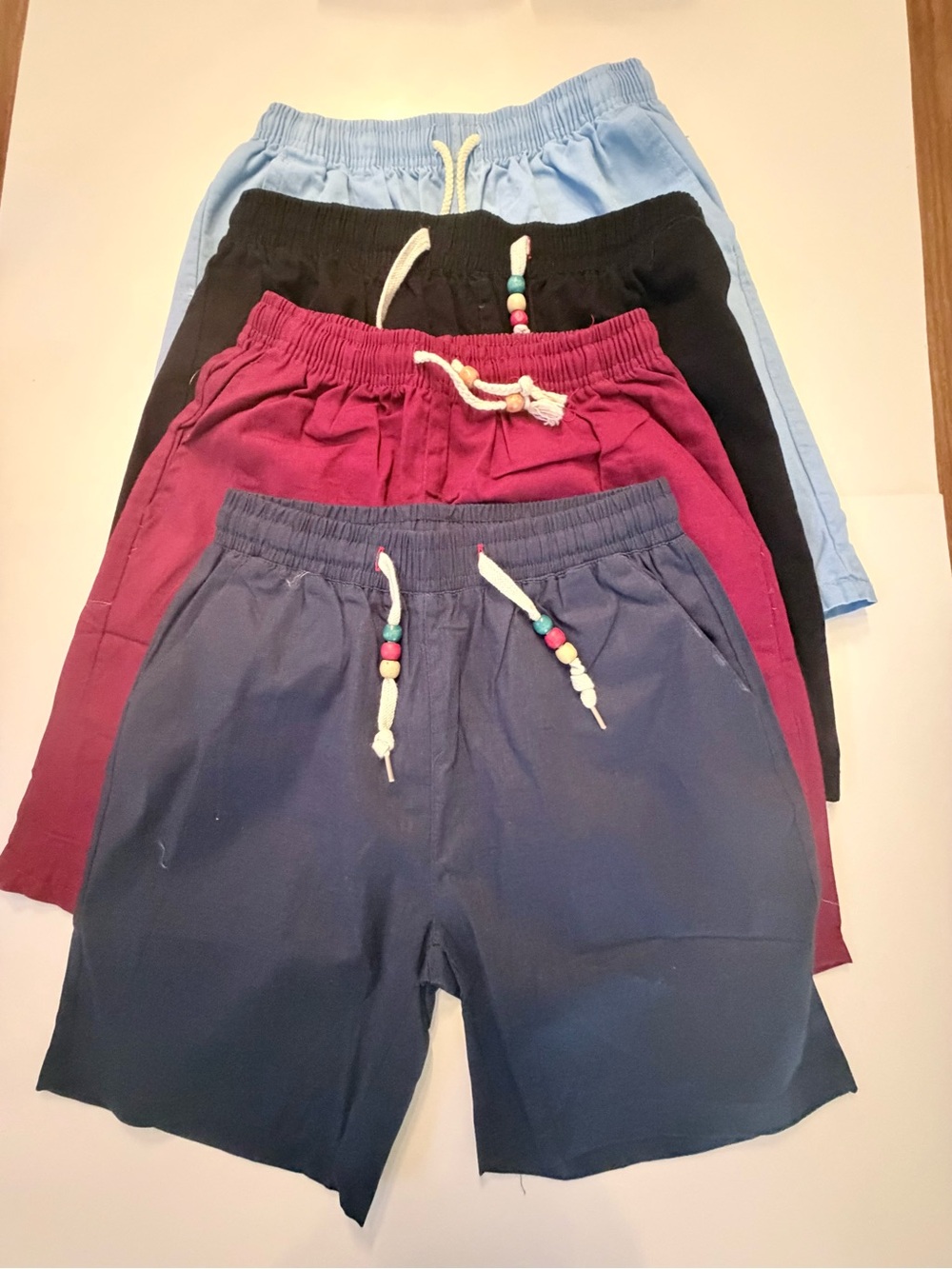 Men's 4 pair of Flat Front Drawstring Shorts - Blue, Burgundy, Black, Light Blue